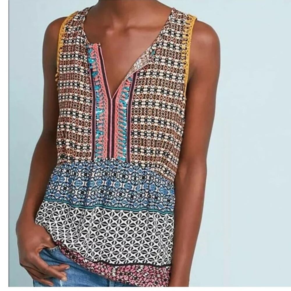 Anthropologie Ranna Gill Mixed Geo Print Babydoll Top Medium Bohemian V Neck